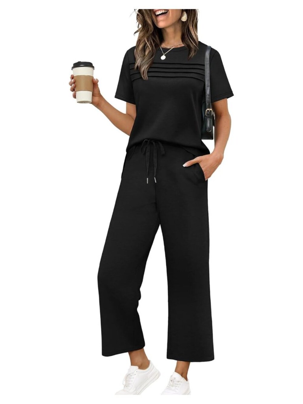 Womens 2 Piece Lounge Set Short Sleeve Wide Leg Crop Pants Travel Outfit